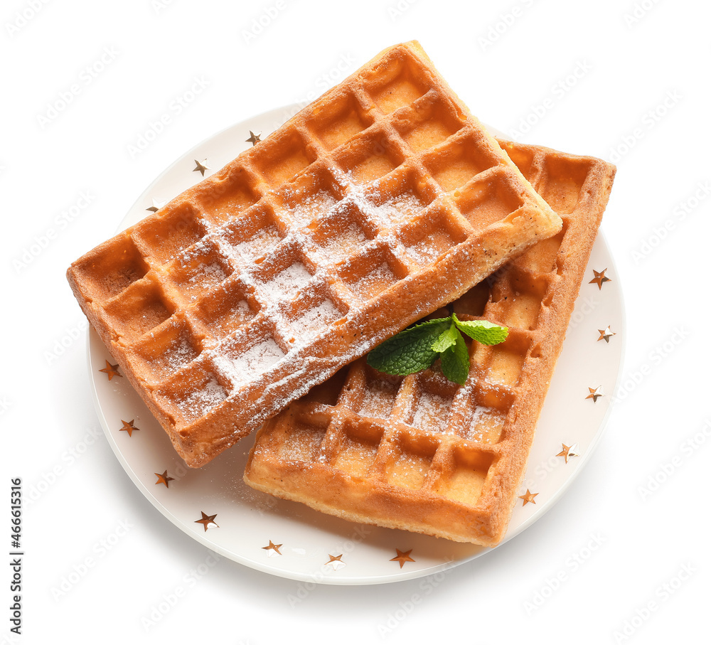 Plate with tasty Belgian waffles and mint on white background