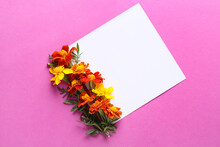 Blank Card With Beautiful Marigold Flowers On Purple Background