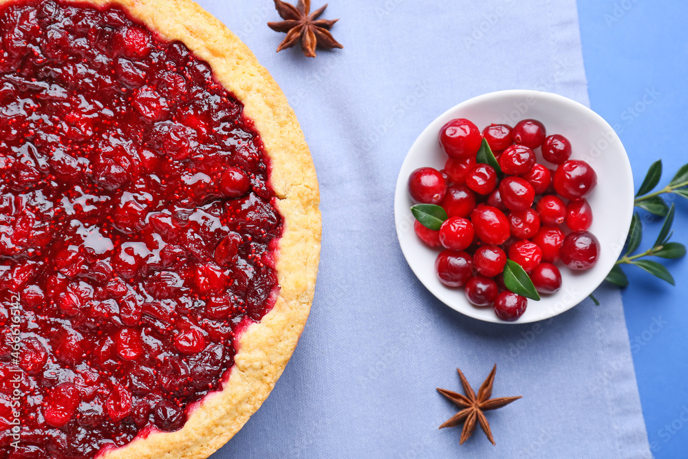 Tasty lingonberry pie with spices on color background