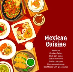 Wall Mural - Mexican cuisine menu cover with vector spice food of vegetable and meat dishes. Taco with salsa sauce, stuffed peppers and chilli con carne, chicken fajitas, corn avocado soup and chorizo pasta