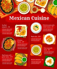 Canvas Print - Mexican cuisine food menu with vector vegetable and meat dishes. Tacos with spice salsa sauce, chicken fajitas, stuffed peppers and chilli con carne, banana dessert, chorizo sausage pasta, beef rolls