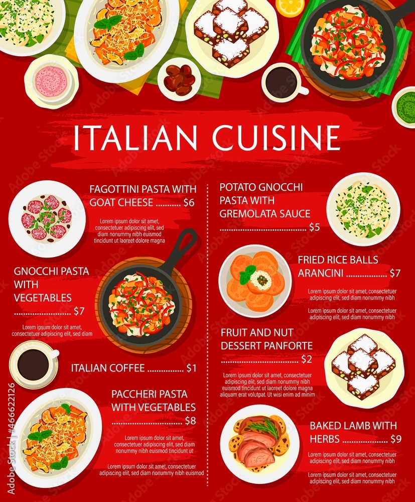Italian cuisine menu vector design of Italy food, pasta, meat and ...