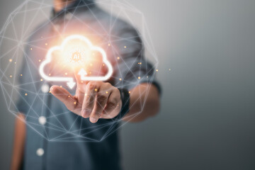 Aufkleber - Hand of a businessman touching cloud computing, a map point, a network connection, a global meaning, and a copy space