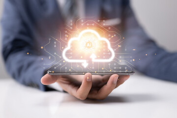 Poster - Businessman uses a smartphone with virtual cloud computing to transfer data and download applications. Concept of ai technology transformation.