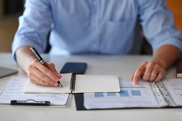 Wall Mural - Businessman analyzing financial document and making notes on notebook.