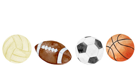 Watercolor illustration of sport balls set football, soccer, basketball and baseball isolated on white background