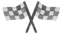 Two Watercolor Racing Checkered Flags With Crossed Sticks. Symbol Of Competition, Riding, Finish Line.