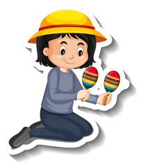 Poster - Cartoon sticker with girl playing maracas