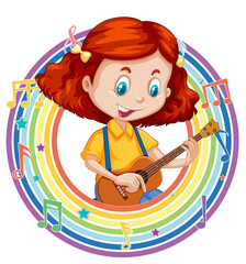 Sticker - A girl playing guitar in rainbow round frame with melody symbols