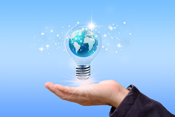 Poster - Businessman with an idea light bulb and a fresh notion for success inspiration.