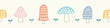 Mushroom background border pattern. Cute nature seamless banner design of hand drawn fungi and leaves, vector illustration.