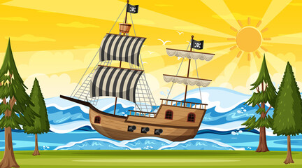 Wall Mural - Ocean with Pirate ship at sunset time scene in cartoon style