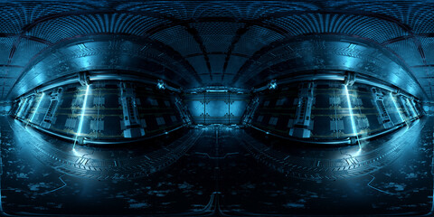 Leinwandbilder - HDRI panoramic view of dark blue spaceship interior. High resolution 360 degrees panorama reflection mapping of a futuristic spacecraft 3D rendering