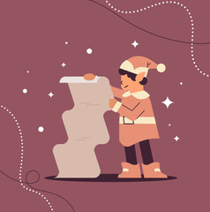 Wall Mural - male elf in uniform holding wish list boy santa helper celebrating happy new year merry christmas holidays