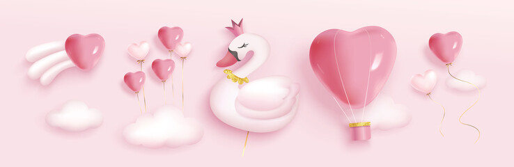 Wall Mural - Vector illustration of Valentine's day design elements. Swan, hot air balloon, heart shape balloons and clouds.