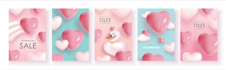 Wall Mural - Set of Valentine's day concept background with swan, heart shape balloons and hot air balloon. Happy Valentines day vector sale banner, flyer, invitation, poster, background design