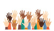 Group of multiethnic diverse hands raised in different clothes vector illustration isolated