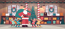 Santa Claus With Mix Race Elves Preparing For New Year And Christmas Holidays Celebration Modern Workshop Interior