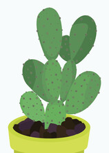 Green Cactus With Thorns In A Green-yellow Pot On A Gray Background. Vector Flat Illustration Of A Home Plant. Design For Cards, Backgrounds, Templates, Textiles, Posters, Menus, Pictures, T-shirts.
