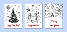 Set Of Hand Drawn Christmas Greeting Cards With Santa Clause And Christmas Tree. Vector Illustration In Sketch Style