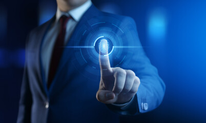 Fingerprint scan provides security access with biometrics identification. Business Technology Safety Internet Concept