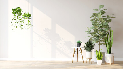 Indoor tropical house plants. 3D render of variety of easy care tropical plants in the room with morning sun light. Background, Natural air purify, Home decoration, Activity during COVID 19, Concept.