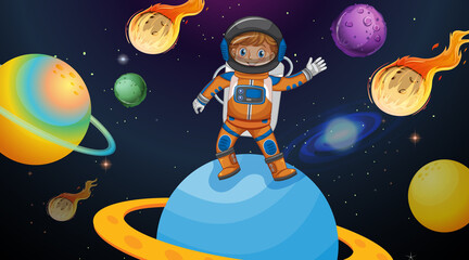 Wall Mural - Astronaut kid standing on Satern planet in space scene