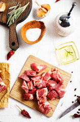 Poster - Raw meat,meat with spice, meat on wooden board