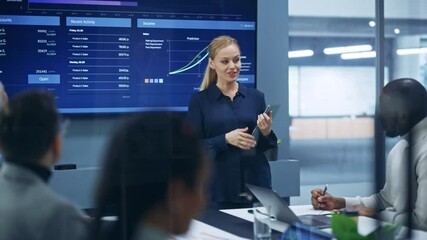 Poster - Diverse Modern Office: Portrait of Successful Caucasian Businesswoman Uses TV Screen with Big Data, Statistics, Talks about Company Growth. Creative Digital Entrepreneurs Work on e-Commerce Project