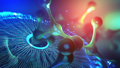 Poster - Scientific molecule 3D illustration for medicine, science, technology, chemistry, biology. Wallpaper or banner with nano molecules. Biotechnology and genetic modification futuristic image