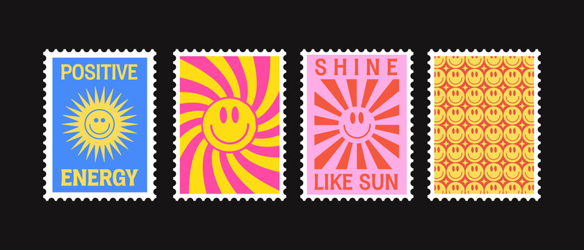 Positive Energy And Sun Shine Retro Postage Stamps Vector Design. Cool Trendy Patches Collection. Hippie Print Illustration.