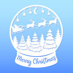 Snow globe with Santa Claus on a sleigh with reindeers over the trees. Paper cut template. Vector illustration. For postcard, window and wall decorations. Merry Christmas phrase.