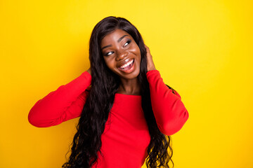 Sticker - Photo of funny adorable dark skin girl dressed red top dancing arms head looking empty space isolated yellow color background