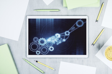 Aufkleber - Creative concept of robotics technology on modern digital tablet screen. Robot development and automation concept. Top view. 3D Rendering