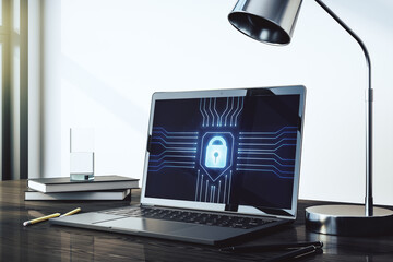Poster - Creative idea concept with lock symbol and microcircuit illustration on modern laptop screen. Protection and firewall concept. 3D Rendering