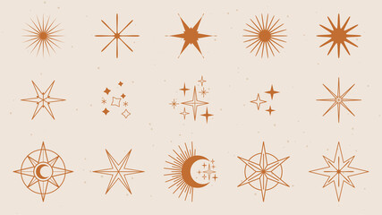 Vector set of linear icons and symbols - stars, moon, sun -  abstract design elements for decoration or logo design templates in modern minimalist style