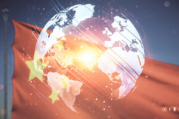 Wall Mural - multi exposure of abstract creative digital world map hologram on flag of china and sunset sky backg
