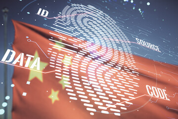 Aufkleber - Multi exposure of virtual fingerprint scan interface on flag of China and blue sky background, digital access concept