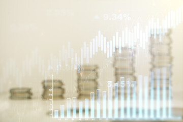 Poster - Double exposure of virtual creative financial diagram on growing coins stacks background, banking and accounting concept