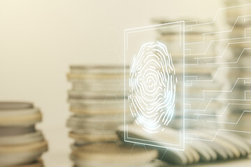 Poster - Multi exposure of virtual fingerprint scan interface on growing coins stacks background, digital access concept
