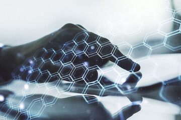 Poster - Creative abstract technology sketch with hexagon grid and hand working with a digital tablet on background, future technology and AI concept. Double exposure