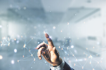 Aufkleber - Double exposure of male hand working with abstract virtual technology hologram on blurred office background. Research and development software concept