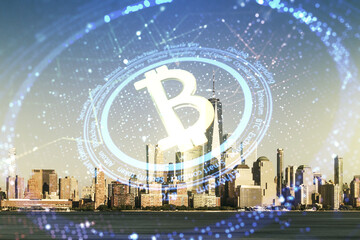 Poster - Virtual Bitcoin sketch on New York cityscape background. Double exposure