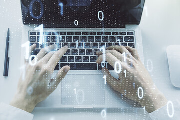Aufkleber - Double exposure of creative abstract binary code hologram and hands typing on laptop on background. Database and programming concept