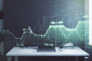 Poster - Multi exposure of abstract statistics data hologram interface and modern desk with computer on background, computing and analytics concept