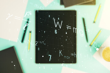 Poster - Creative scientific formula hologram and modern digital tablet on background, research concept. Multiexposure