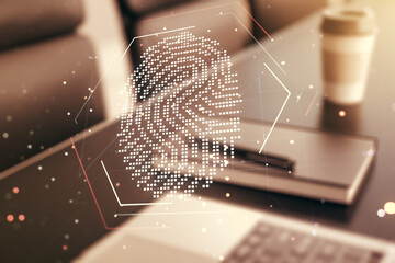 Aufkleber - Abstract creative fingerprint illustration on modern computer background, personal biometric data concept. Multiexposure