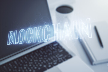 Poster - Creative abstract blockchain technology hologram on modern computer background, cryptography and decentralization concept. Multi exposure