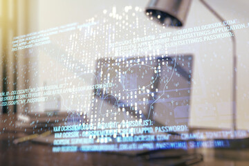 Poster - Creative code skull hologram on modern computer background, cybercrime and hacking concept. Multiexposure