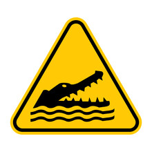 Crocodiles, Alligators, Caimans Warning Sign. Vector Illustration Of Yellow Triangle Sign With Reptile Head With Open Jaws. Caution Wild Dangerous Animals. Danger Zone. Risk Of Attack.